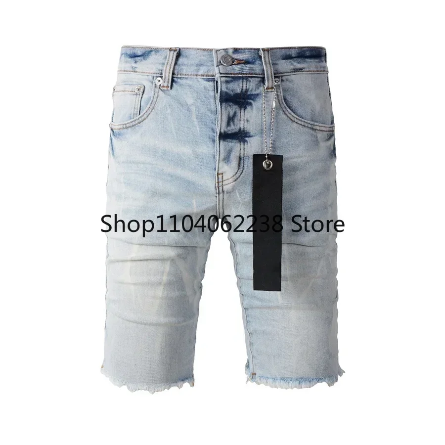 

2024 Top quality New Purples Jeans brands Men Trendy Elastic Edged Middle Pants Irregular Blue Color Washed Denim Shorts pants