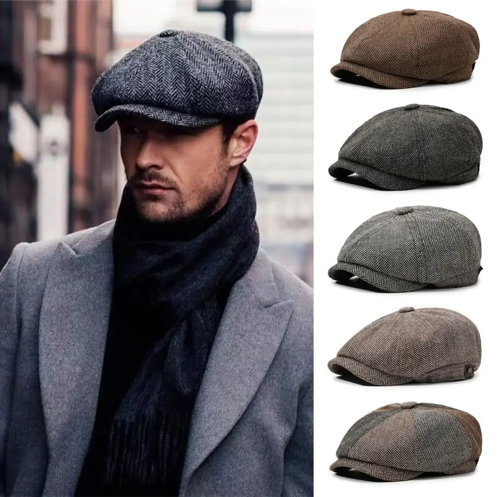 Autumn Winter Casual Men Newsboy Hat Classic Tweed Material Beret Hats Flat Design Retro Style Flat Peaked Cap Men Casual