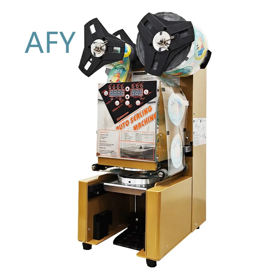 WY980 Fully Automatic Cup Sealing Machine, Electric Tea Sealer with Digital Control LCD Panel for Bubble Milk Tea Coffee, Golden