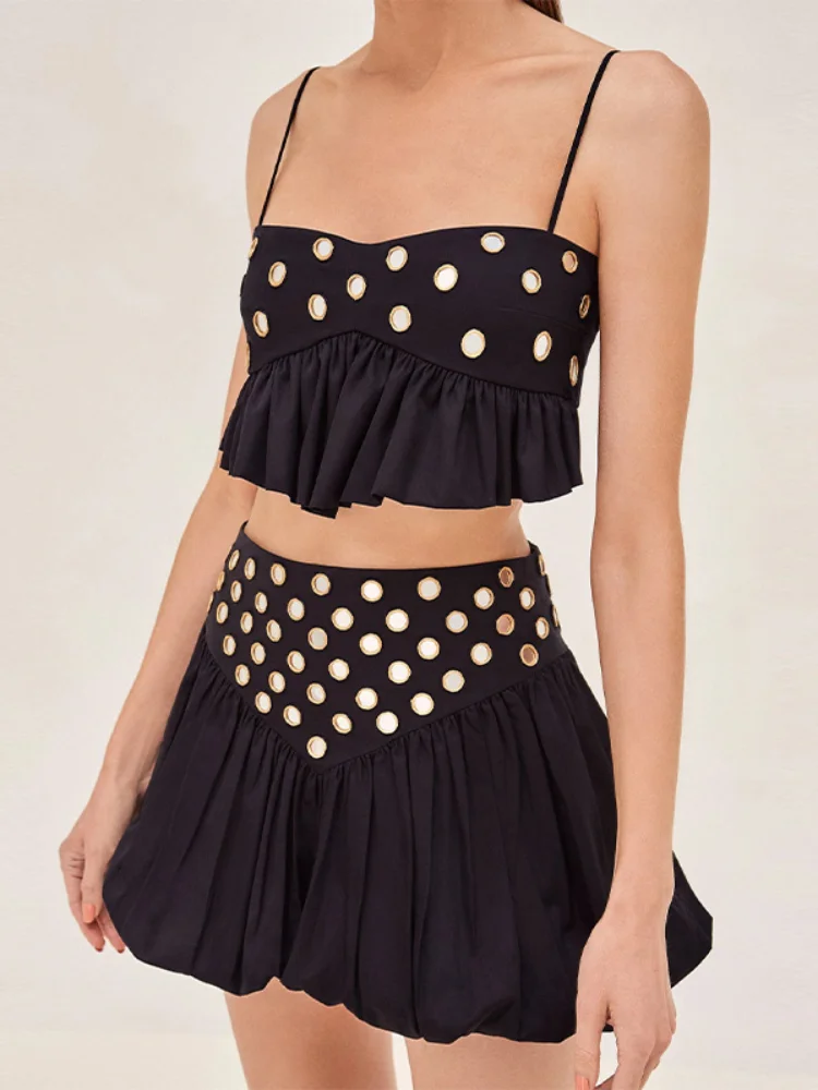 

Chic Cute Two Piece Set Crop Top Ruffle Hem Bubble Skirt Women Summer Party Retro Club Trendy Elegant Date Outfits