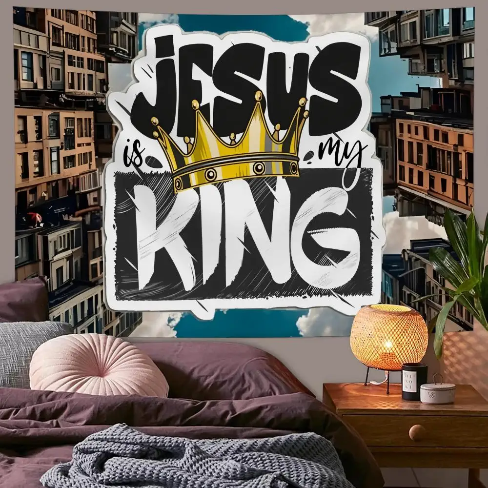 Jesus ist König, lustiger, cooler Wandteppich, individuell gestaltbar, für Wohnzimmer, Schlafzimmer, Party, Schlafsaal, Innenwand, böhmische Dekoration, mit befestigtem Clip