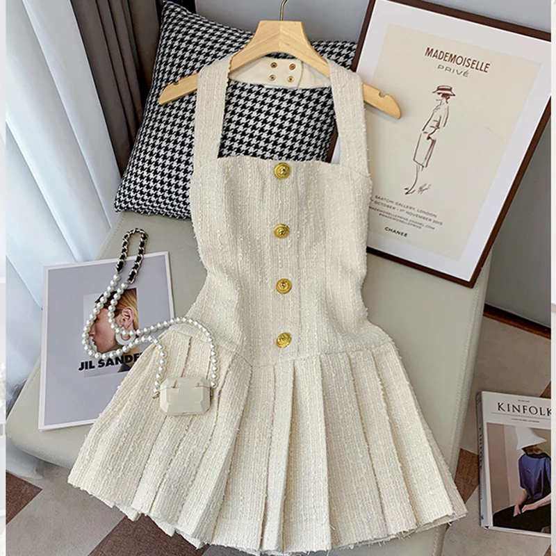 

SUSOLA Korean Sweet Tweed Small Fragrance Tweed Dresses For Women 2024 Fashion Summer Dress Hotsweet Sexy Party Dress