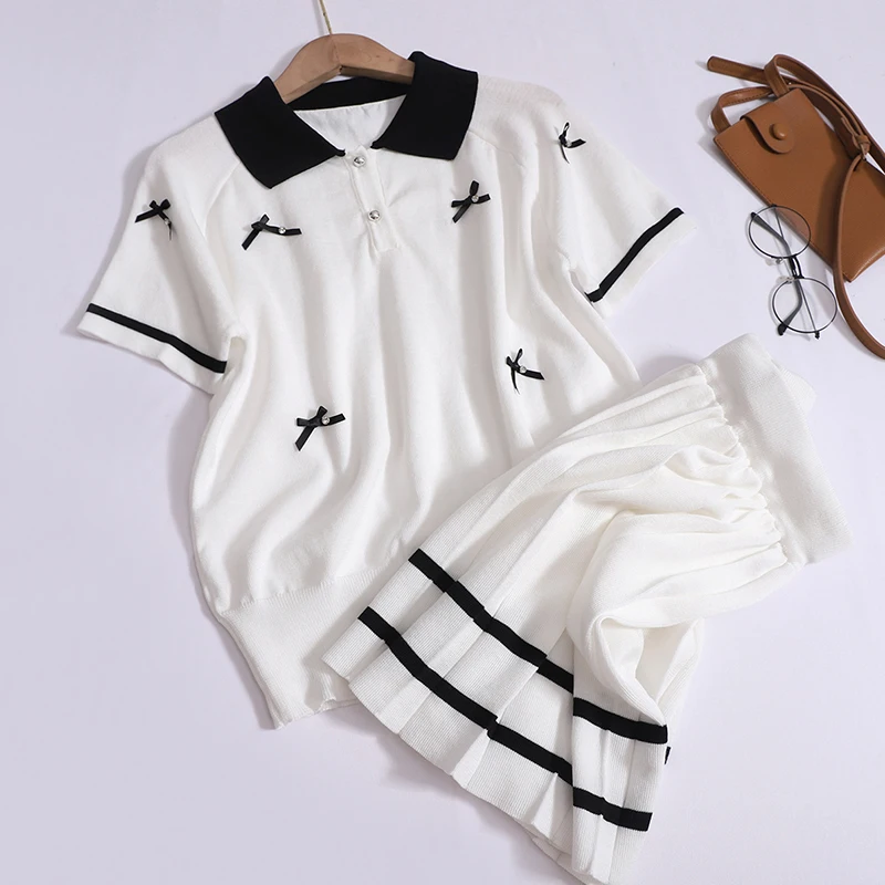 Women Summer Casual Solid Knit Set Contrast Color Polo Collar With Bow Short Sleeve Top+Elastic High Waist Striped Pleated Skirt