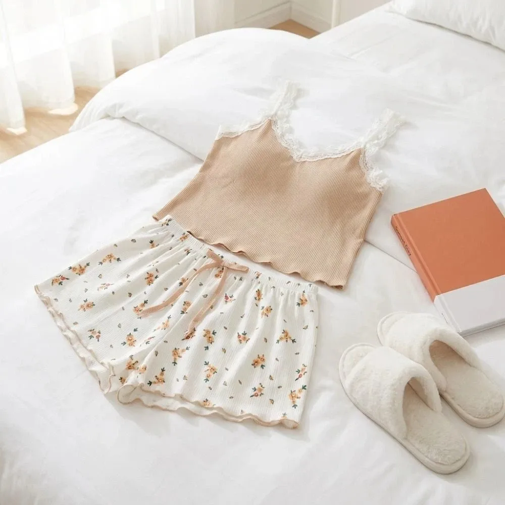 2 PCS Comfortable V-Neck 2Pieces Pajama Set Flower Lace Summer Camisole Shorts Patchwork Sweet Floral Nightwear Suit Summer