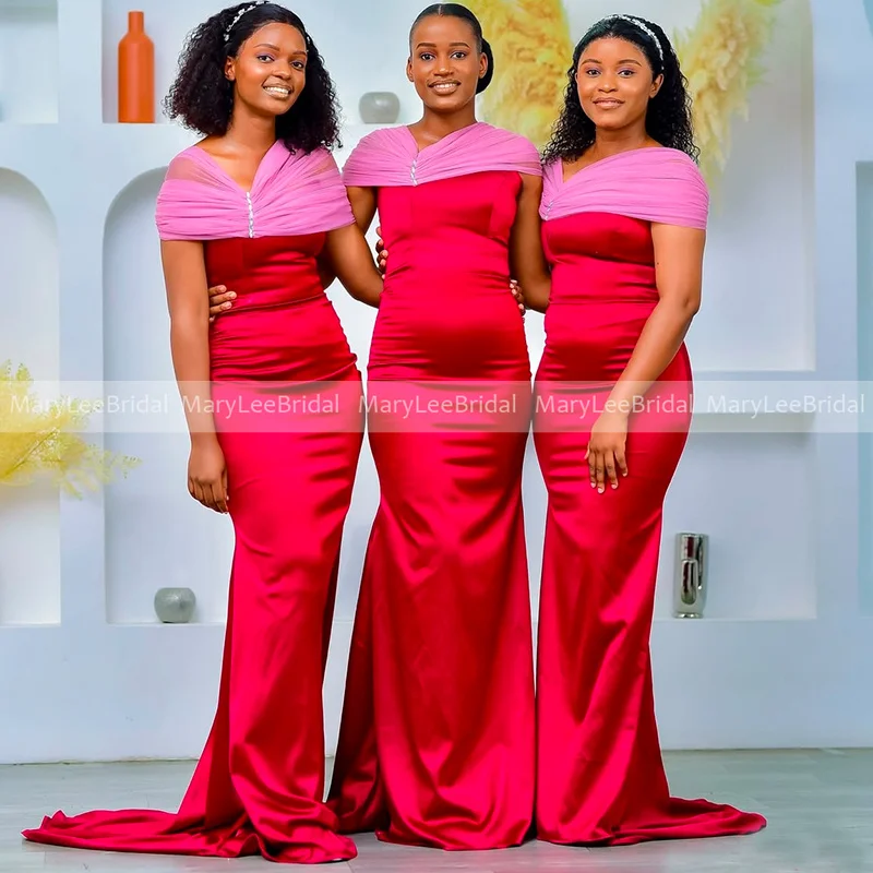 Scarlet Mermaid Bridesmaid Dresses with Tulle Cap Sleeves Customized Women Long Reception Dress Wedding Guest Party Gowns