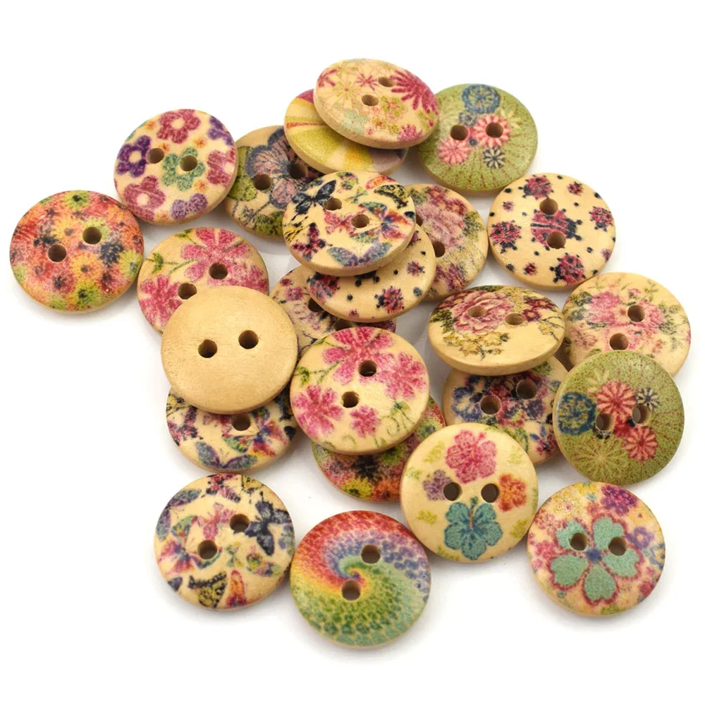 50PCS 15MM 2-Holes Button Color Printing Round Wood Buttons Sewing Scrapbooking Decor Card Making DIY Buttons for Clothing