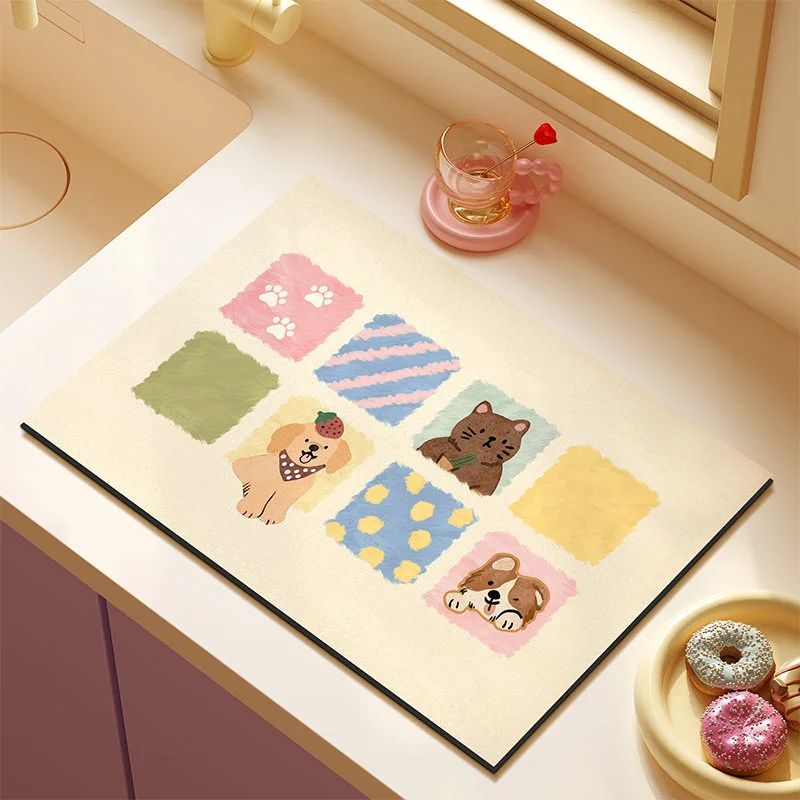VIKAMA Cute Cartoon Cat And Dog Tableware Anti Slip Drying Mat, Colorful Splicing Water Absorbing Drainage Home Decoration