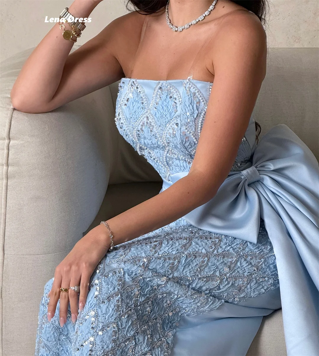 Lena bleu ciel robes De soirée Femme robes De soirée élégantes 2025 Femme luxe sur mesure nœud Robe De Cocktail Femme sans manches