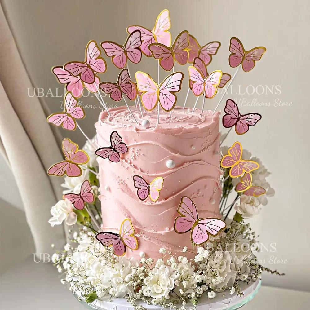 11 Stück rosa Schmetterlings-Kuchenaufsätze, 3D-Gold, rosa, lila Schmetterlings-Cupcake-Kuchendekorationen für alles Gute zum Geburtstag, Muttertagsdekoration – Detail 5