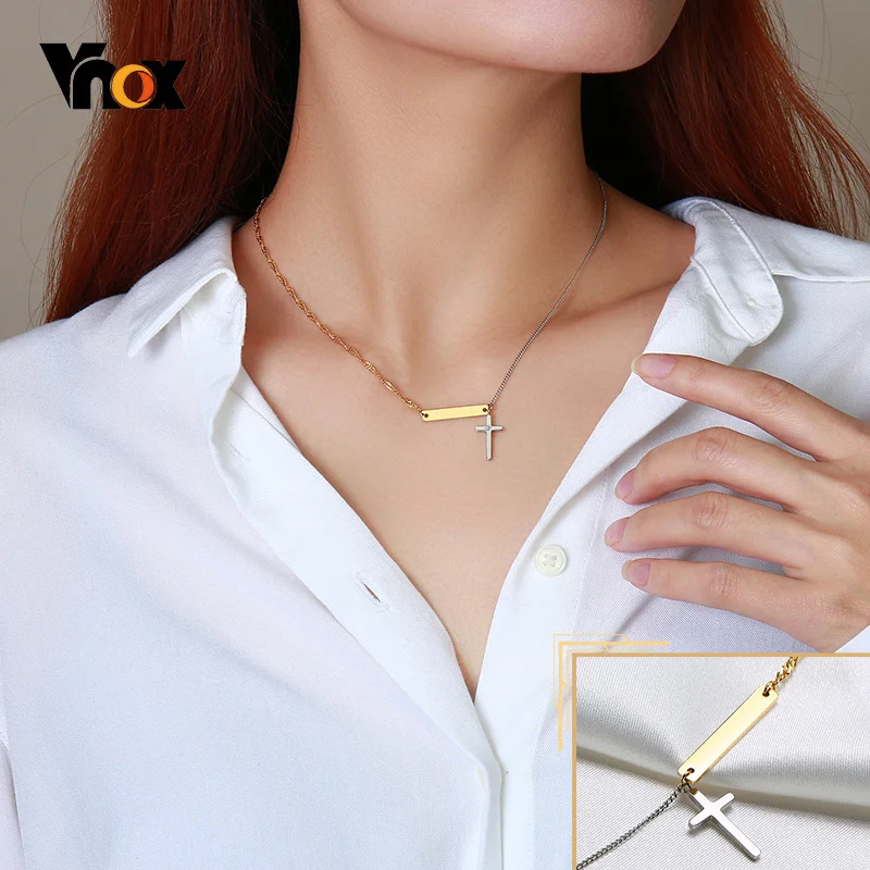 Vnox Temperament Cross Charm Necklaces for Women, Minimalist Stainless Steel Bar Choker Collar Jewelry,Gifts for Her