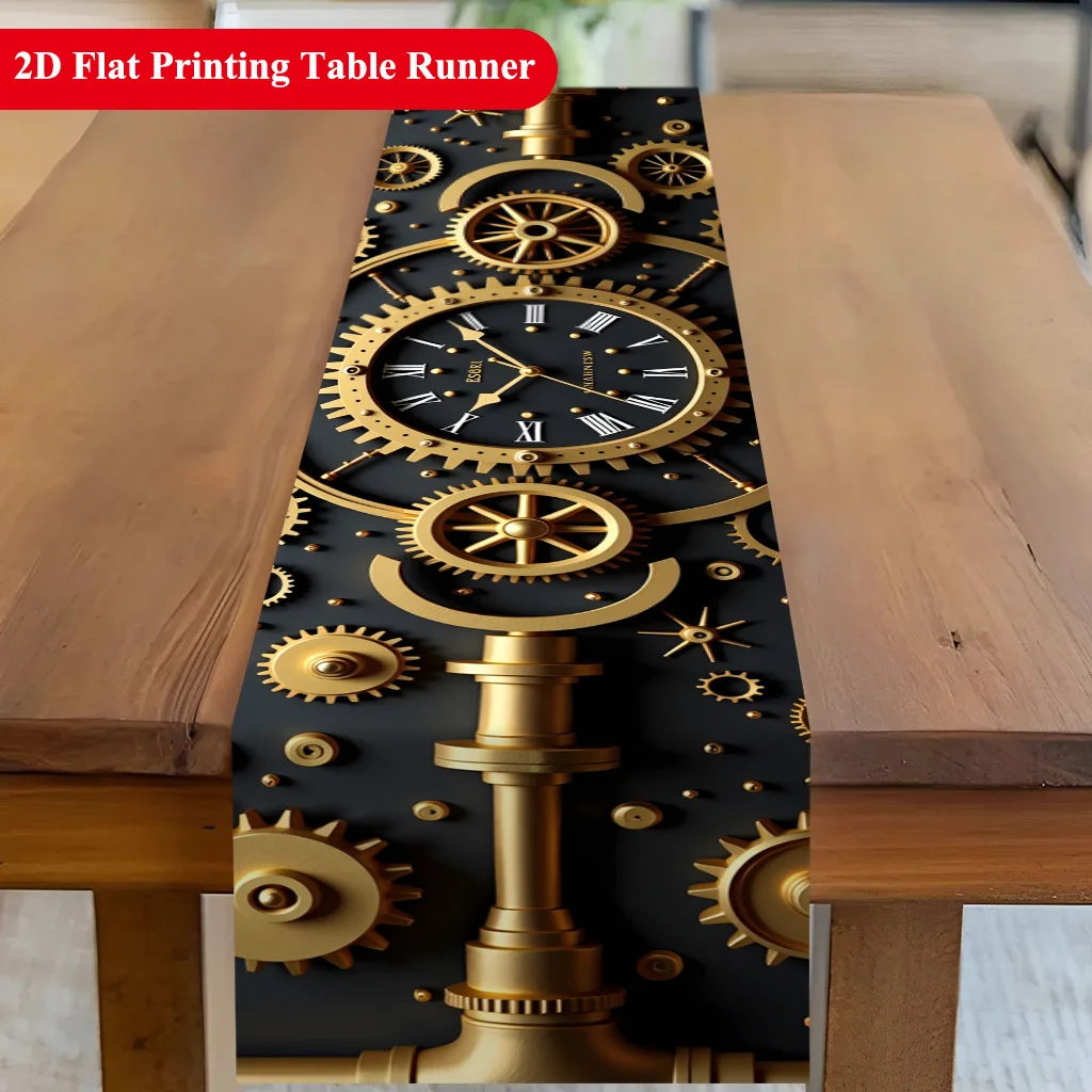 Vibrant Mechanical Steampunk Gears Table Runner - Intricate Industrial Motif Decoration for Holiday Kitchen Dining Home Party