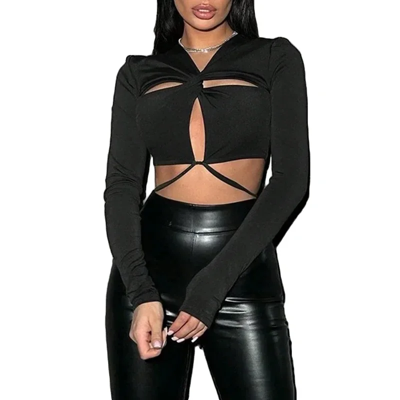 Personalized Design Sense Clothing Women's Short V-neck T-shirt Autumn Sexy Hollow Fit Cross Tie Pullover Long Sleeved Top YSQ31