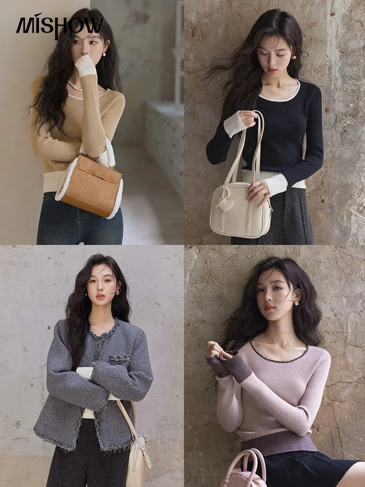 MISHOW Minimalist Warm Sweater Women 2024 Autumn Winter Simple Splicing Basic Casual O-Neck Long Sleeve Knitted Tops MXD36Z0890