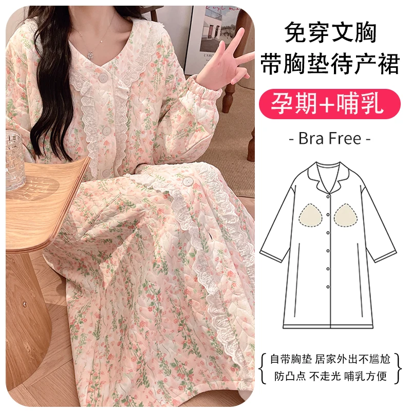 4XL Sweet Winter Lace Cotton Padded Nursing Night Dress Maternity Fall Loose Warm Feeding Sleepwear Pregnancy Homewear Hospital