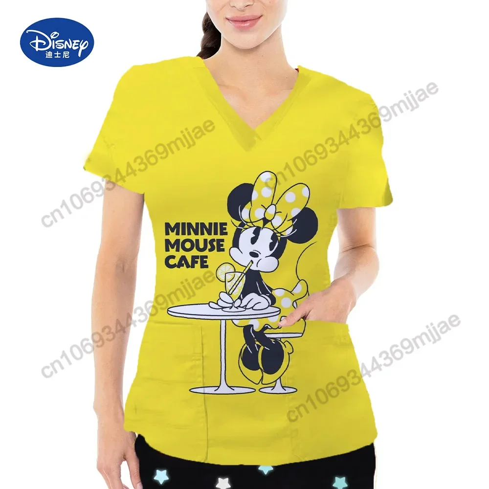 2024 Popular Pretty Disney Printed Pattern V-neck Double Pocket Nurse uniform Comfortable and Casual Y2k style Women's T-shirt