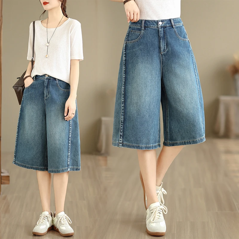 

Summer Thin Cotton Denim Shorts Women's High Waist Straight Leg Sporty Slimming Seven-Foot Length Elastic Waist Casual Jeans