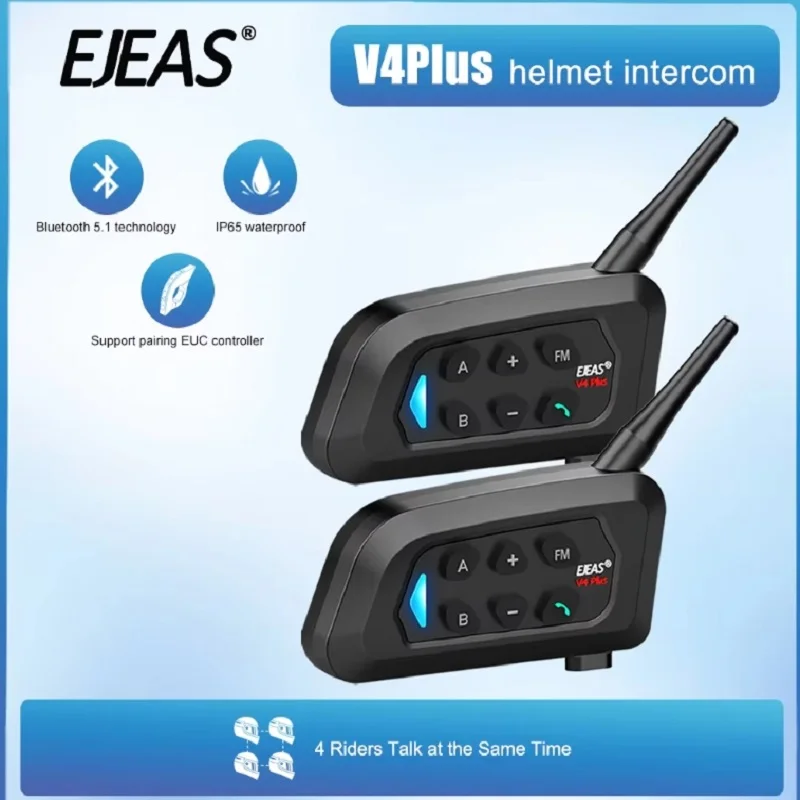 EJEAS type-c V4 plus motocykl helma interphone Bluetooth 5.1 4-way 1200M interkom náhlavní FM rádio IP65 vodotěsný