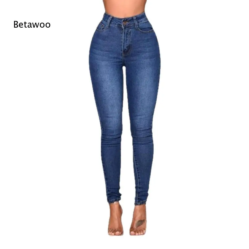 Ladies Elastic High Rise Skinny Jeans Solid Dark Blue Denim Trousers Slimming Bodycon Pants for Daily Street Casual Looks