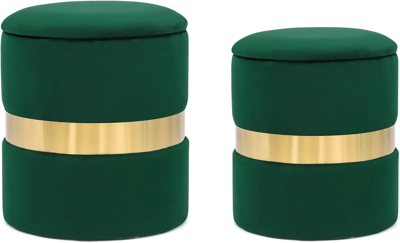 Round Ottoman With Storage Set Of 2, Velvet Green Ottoman With Gold Metal Band, Upholstered Foot Stools For Home Decor, Large
