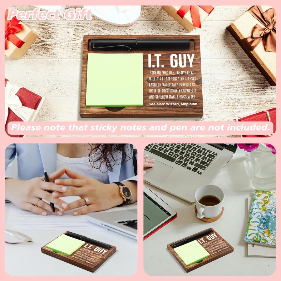 Funny I.T. G Sticky Note Holder Wooden Notepad and Pen Holder 6.5" x 4.7" IT Tech Sticky Note Pad Holder Dispenser for Desk I.T