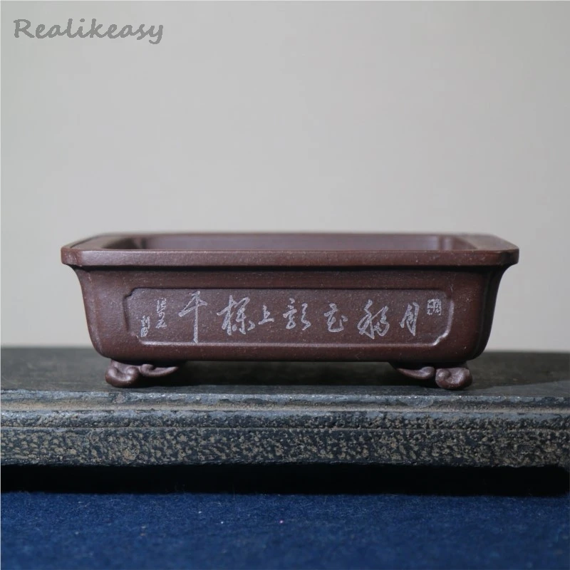 2026 New Square Retro Purple Clay Flower Pot Hand Carved Bonsai Pot Home Chinese Classical Desktop Decoration Flower Pot LJ467