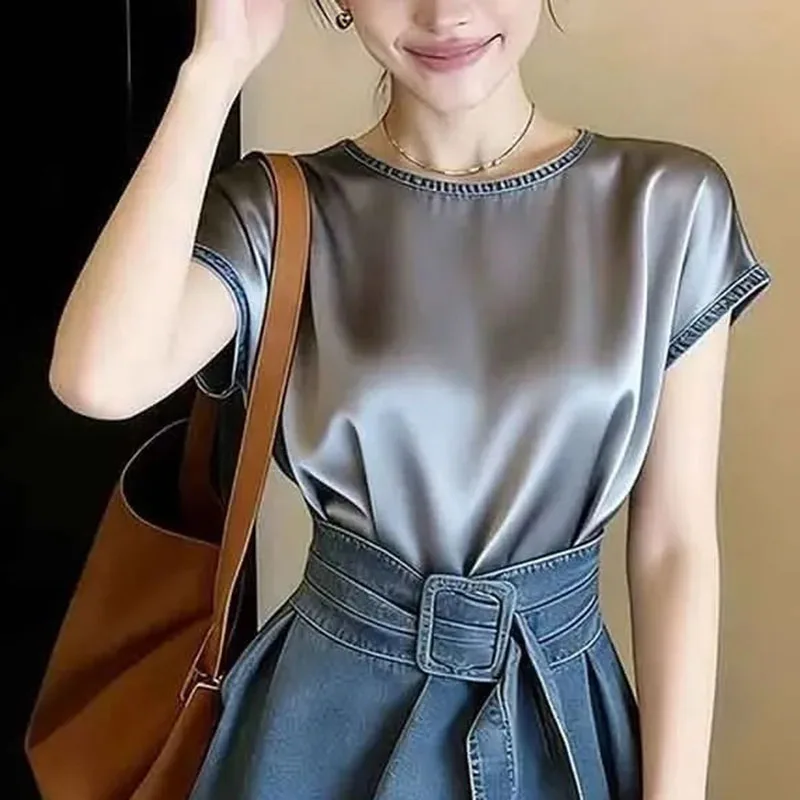 High-end Retro Patchwork Denim Lace Up Shirt Women's Shirt Blouse Round Neck Summer Korean Style Short Sleeves Shirt Top