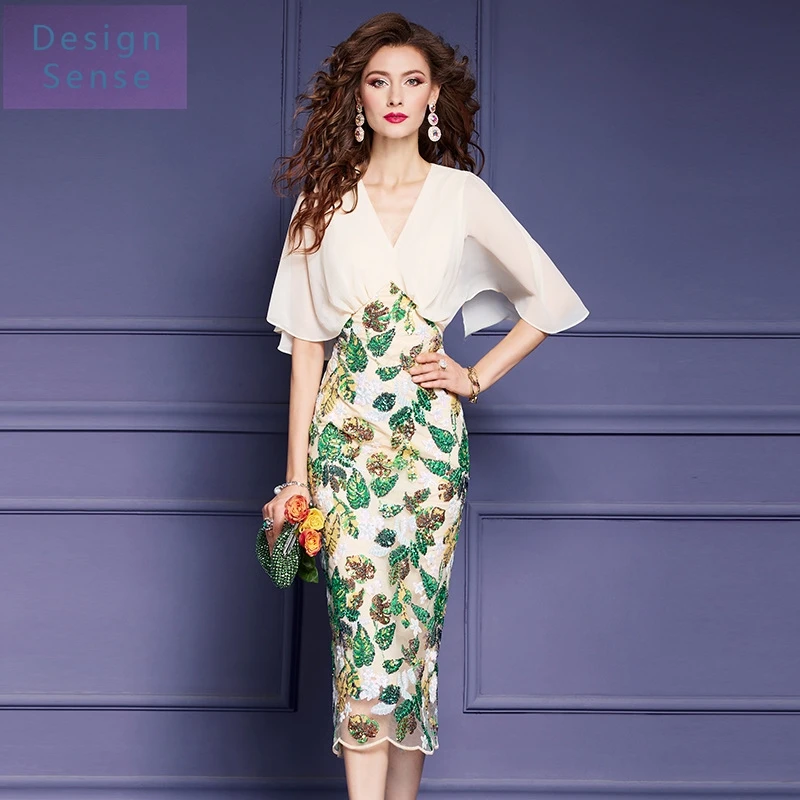 

Women's Commuting Wear Heavy Embroidery Sequins Mesh Dress Summer Young Waist Sexy Split Style Hip Skirt
