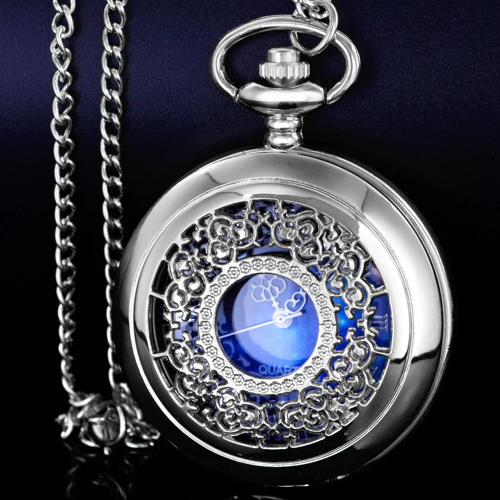Zegarek kieszonkowy Hollow Blue Starry Sky Dial Cyfry rzymskie Kwarcowe zegarki kieszonkowe z naszyjnikiem Świąteczne prezenty urodzinowe