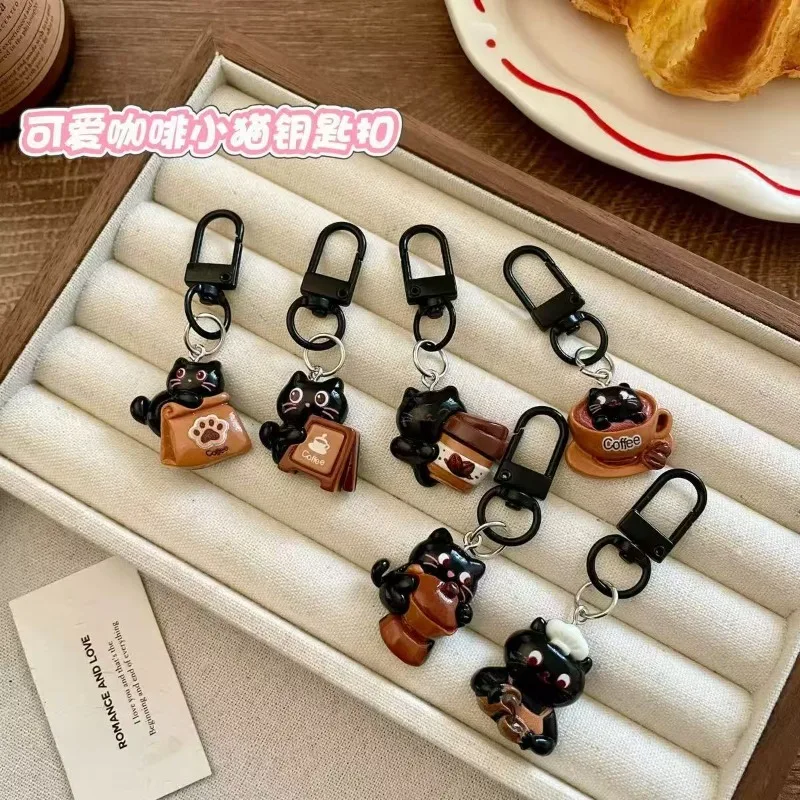 Cartoon Black Cat Keychain for Women Cute Chocolate Coffee Bag Charm Couples Backpack Purse Decoration Key Chain Gift