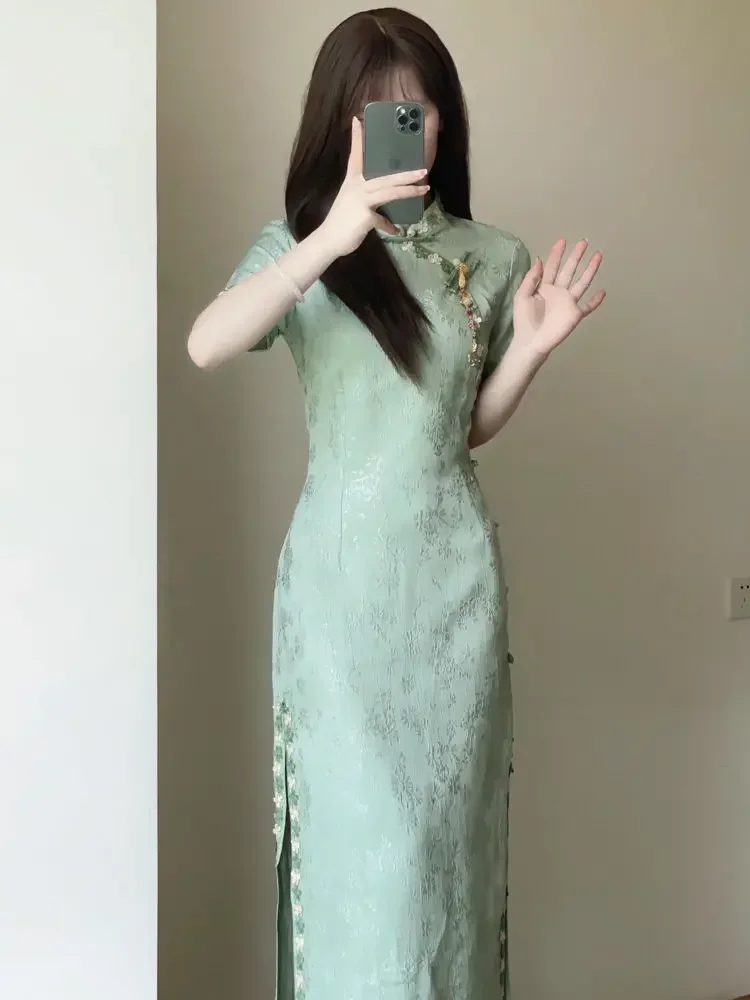 

Women Green Cheongsam 2024 Elegant Daily Improved Qipao Summer Young Girls Modern Chinese Dress Long Dresses