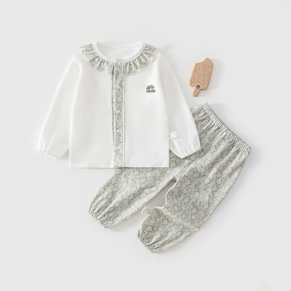 

Комплект для девочки из двух предметов: хлопковый топ с длинными рукавами и кружевом + брюки, с цветочным принтом