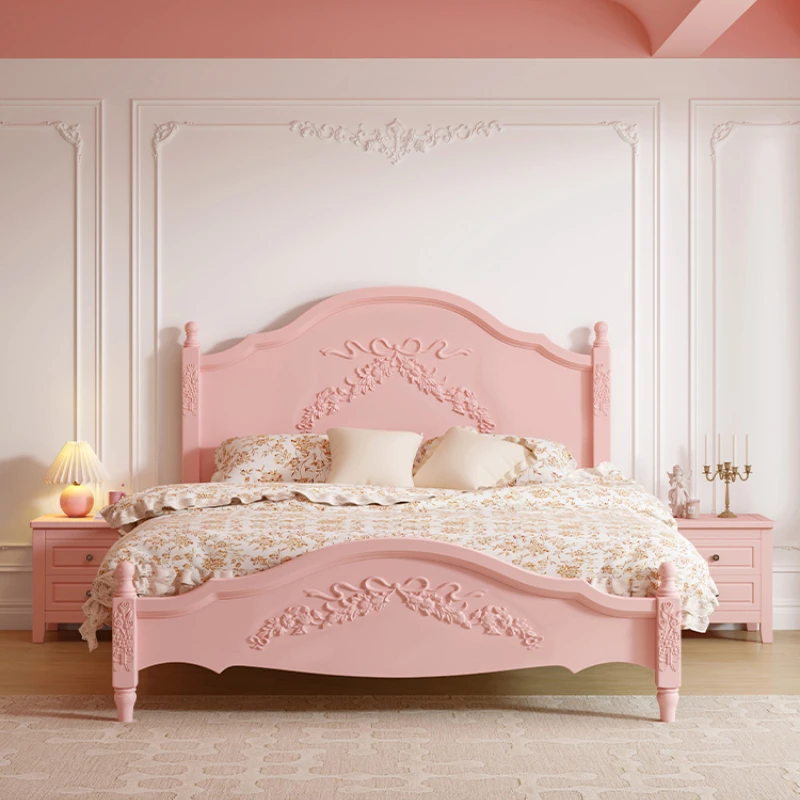 

French Style Solid Wood Bed Pink Princess Bed Girl Bedroom 1.8 M 1.5M Double Retro European Style Carved Bed American Style