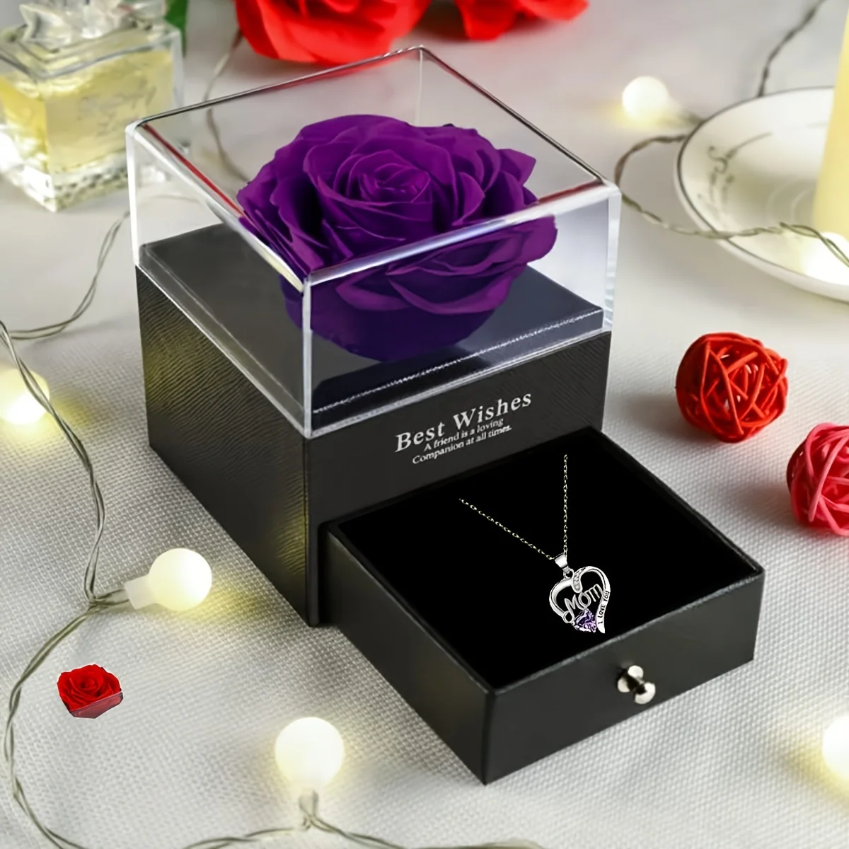 صندوق هدايا فاخر على شكل وردة صابون مع وردة أرجوانية وقلادة على شكل قلب "MOM I Love You" - ذكرى عيد الأم الأنيقة