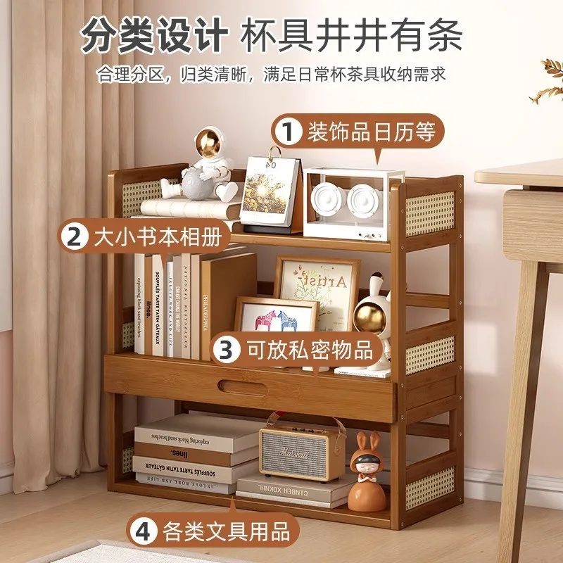 Desktop Three layer Bamboo Bookshelf Multi functional Student Storage Cabinet Office with Drawer Storage Rack