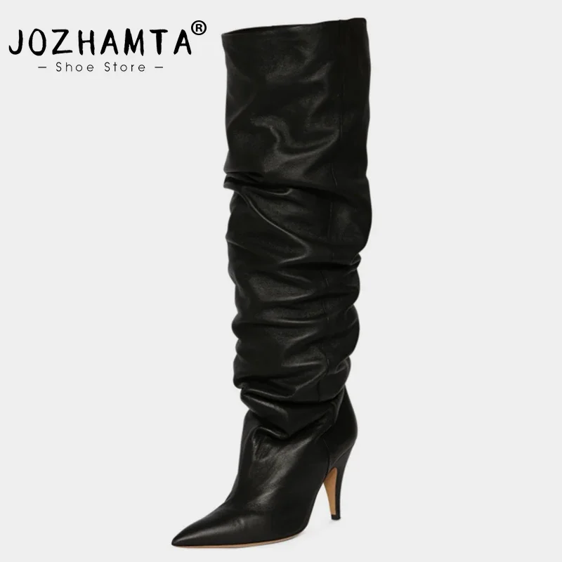 JOZHAMTA Size 32-43 Women Ruched Boots Knee High Real Leather Sexy Pointy Stiletto High Heels Winter Shoes Fall 2025 Long Boots