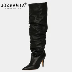 JOZHAMTA Size 32-43 Women Ruched Boots Knee High Real Leather Sexy Pointy Stiletto High Heels Winter Shoes Fall 2025 Long Boots