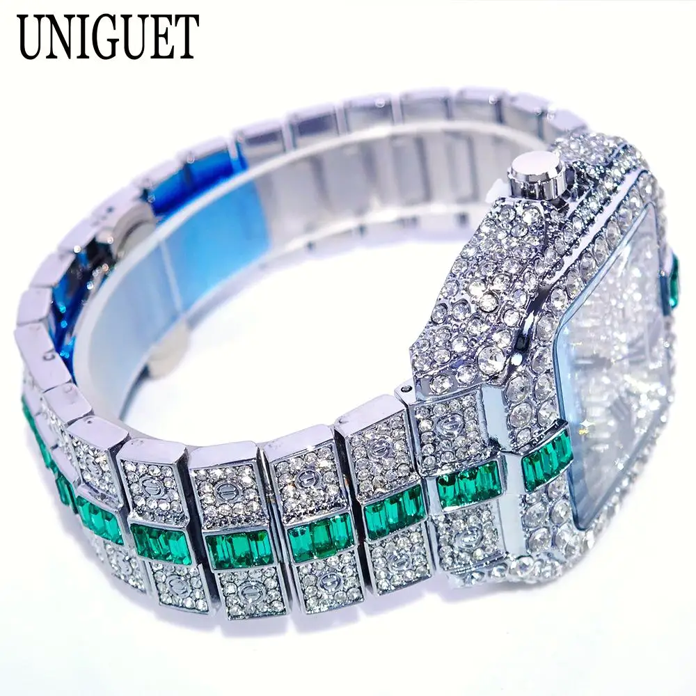 حار الأزياء الأخضر الجليد ووتش الرجال العلامة التجارية UNIGUET الهيب هوب كامل الماس ساعات كوارتز الفاخرة الرومانية الحرفية AAA مربع ساعة اليد رجل
