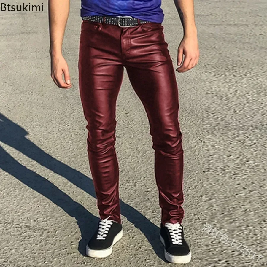 Pantalon en cuir Pu pour hommes, taille basse élastique, Sexy, Style américain et européen, mode fête, Slim, rouge, noir, Faux cuir