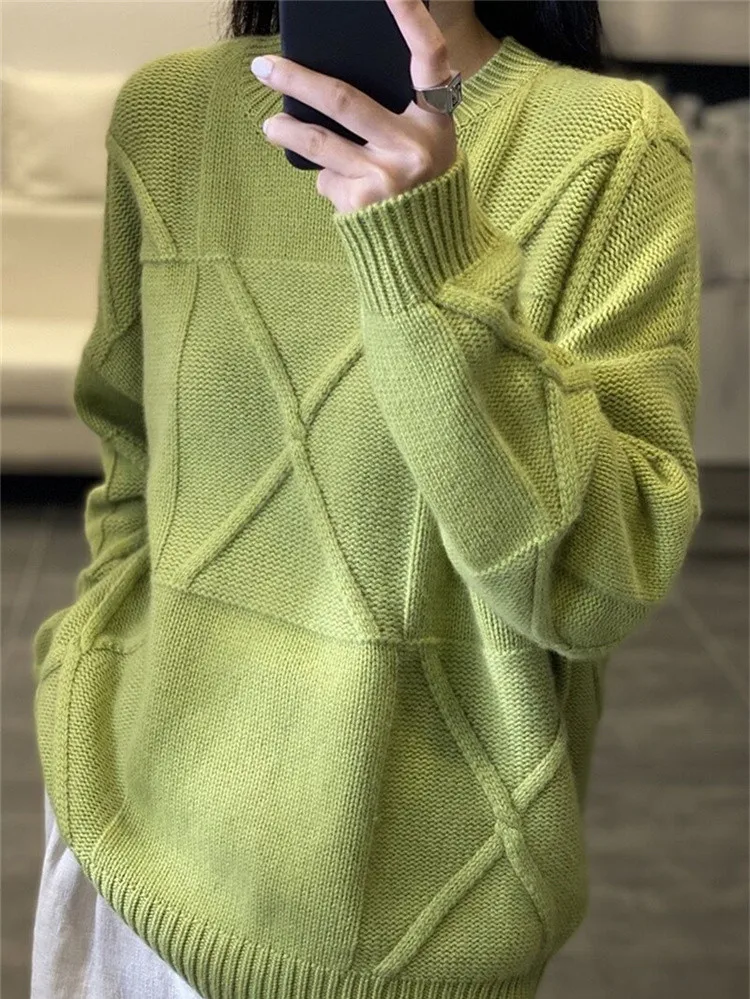 High-end Cashmere Sweater Women's Round Neck Autumn Winter 100% Pure Wool Sweater Loose Fashion Thicken Knitted Pullover Female