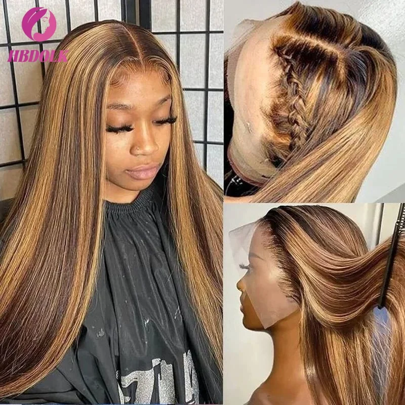 Peluca de encaje frontal de cabello humano, Ombre rubio miel con reflejos 4/27, 5x5 o 13x4, lacia, previamente arrancada con baby hair 5