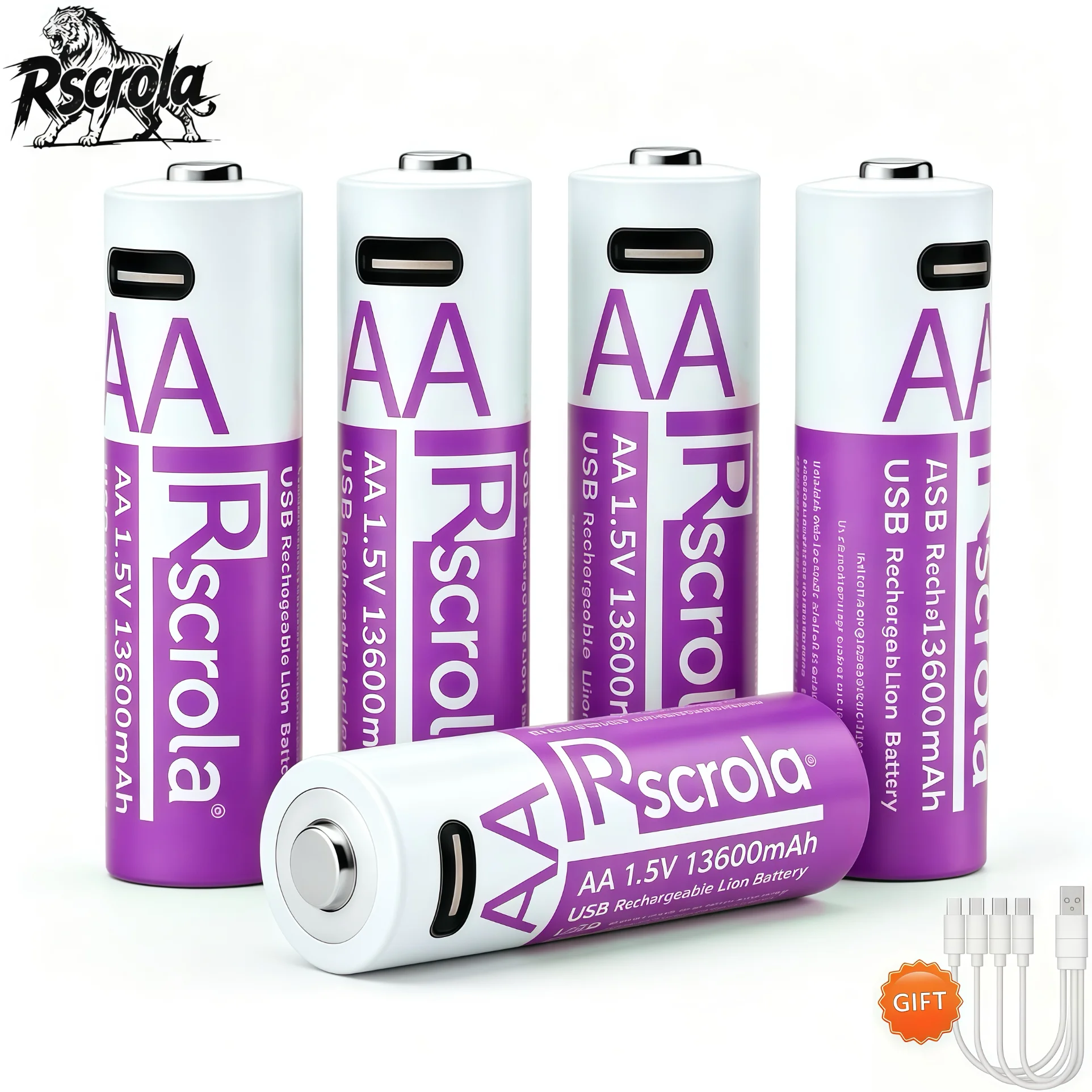 Rscrola 1.5V AA 13600mAh Rechargeable Lithium Battery Long Lasting Fast Charging Li-ion Batteries 2000 Cycles with USB-C Cable