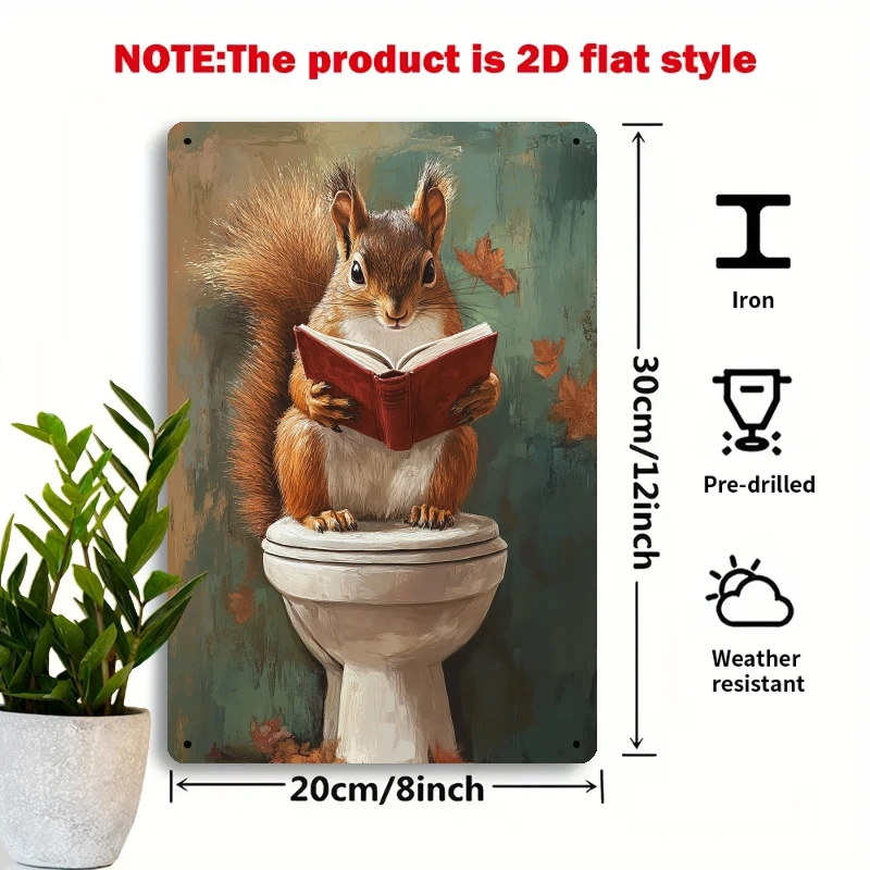 2D Flat - This Is a 2D Flat Metal Sign Depicting a Squirrel in Vintage Attire Reading a Book. Measuring 7.87 X 11.81 Inches, It