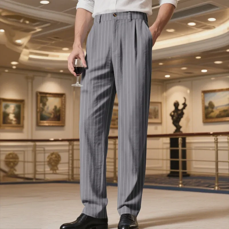 

Loose Breathable Simple Striped Straight Suit Pants Spring and Autumn Linen Men's Casual Pants