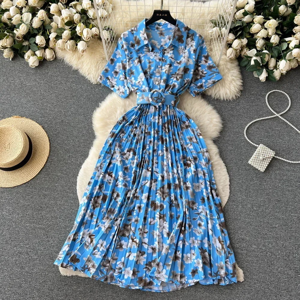 2024 Summer Women Floral Pleated Dress Vintage Turn-Down Collar Short Sleeve Single Breasted Printed Draped Midi Vestidos New