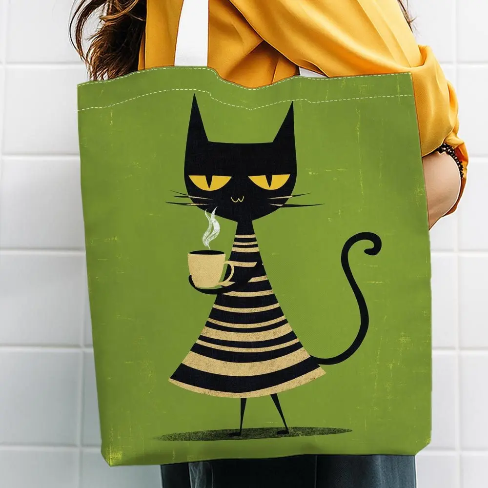 1pc Black Cat Coffee Themed Tote Shopping Bag, Suitable for Daily Use, School, Travel, A Unique Gift for Cat and Coffee Lovers.