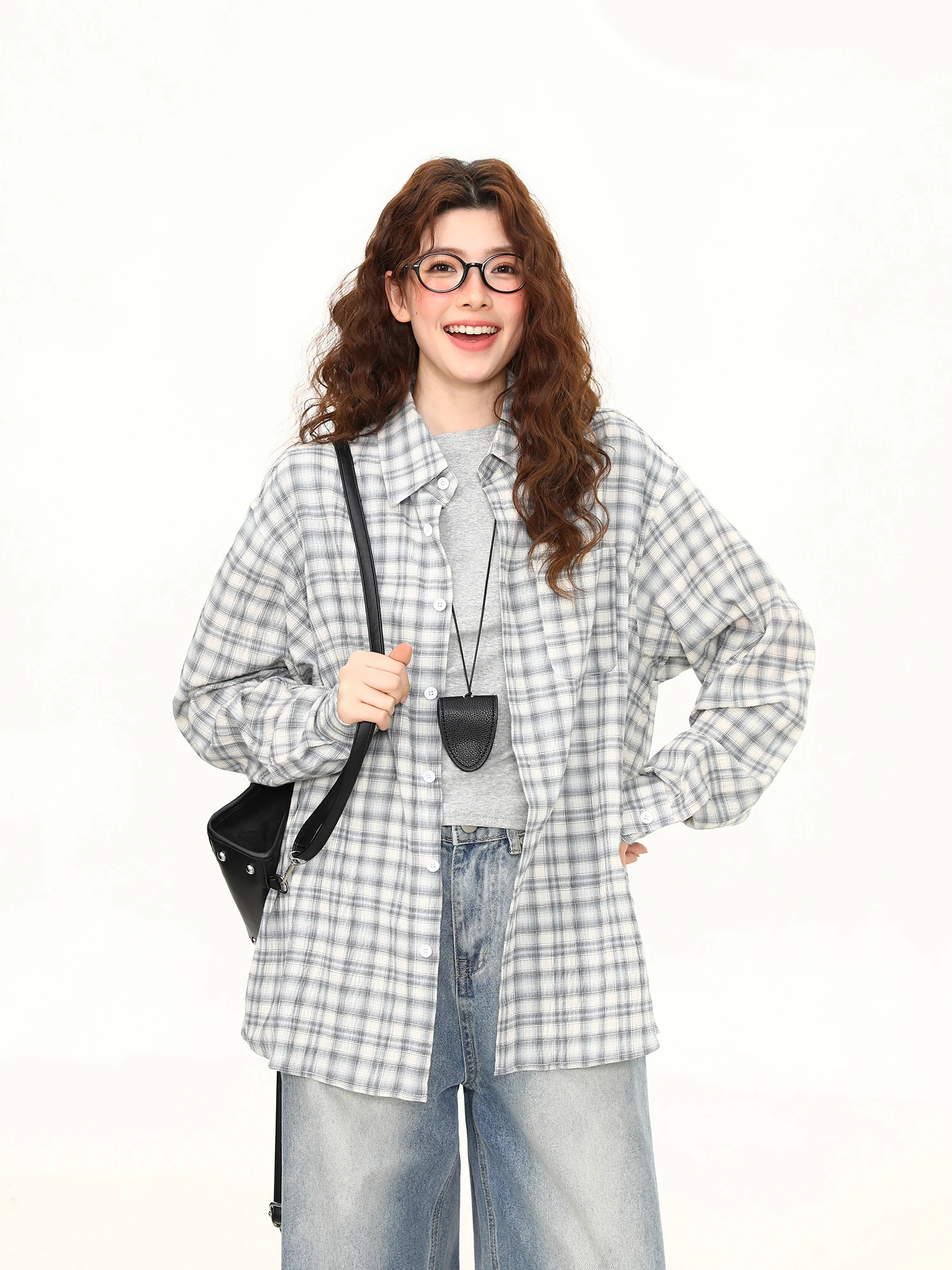 

Wild AZI Women's Loose Long Sve Plaid irt Casual Street Sle Spring Summer Commute Versatile Lazy Outerwear Trendy