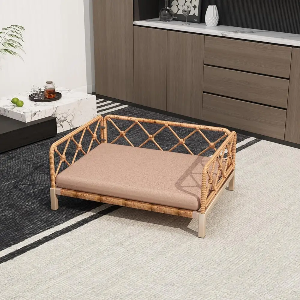 

Wicker Dog Bed With 2'' Cushion,Rattan Dog Sofa Bed For Small Medium Dogs– Indoor/Outdoor Metal Frame Pet Bed Up 66Lbs (Brown