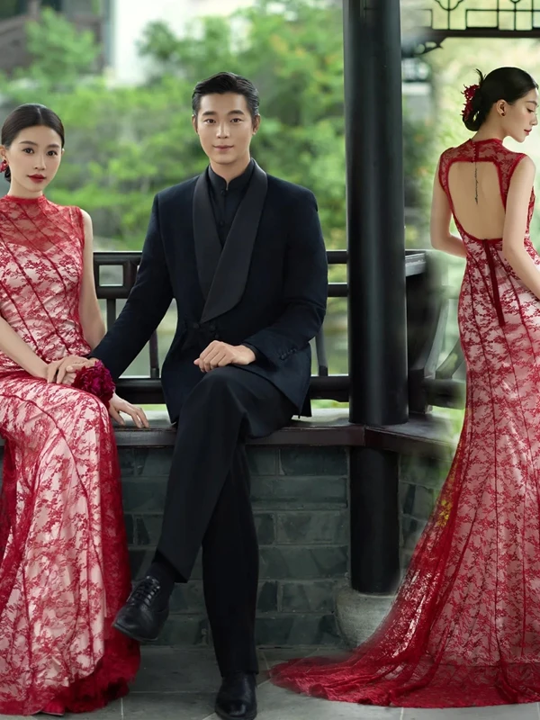 

Red Wedding Dress Photography Couples New Chinese Style Retro Theme Outdoors Garden Location Film Photography Costume Dress