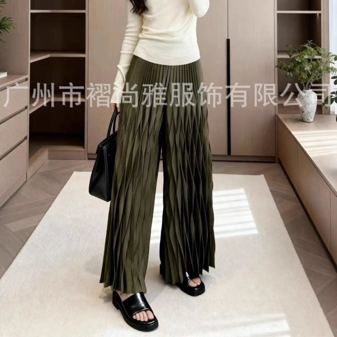 مياكي مطوي 2025 الخريف والشتاء جديد مطوي عالية الخصر بناطيل كاجوال ثنى موضة فضفاضة واسعة أرجل بنطلون أنثى