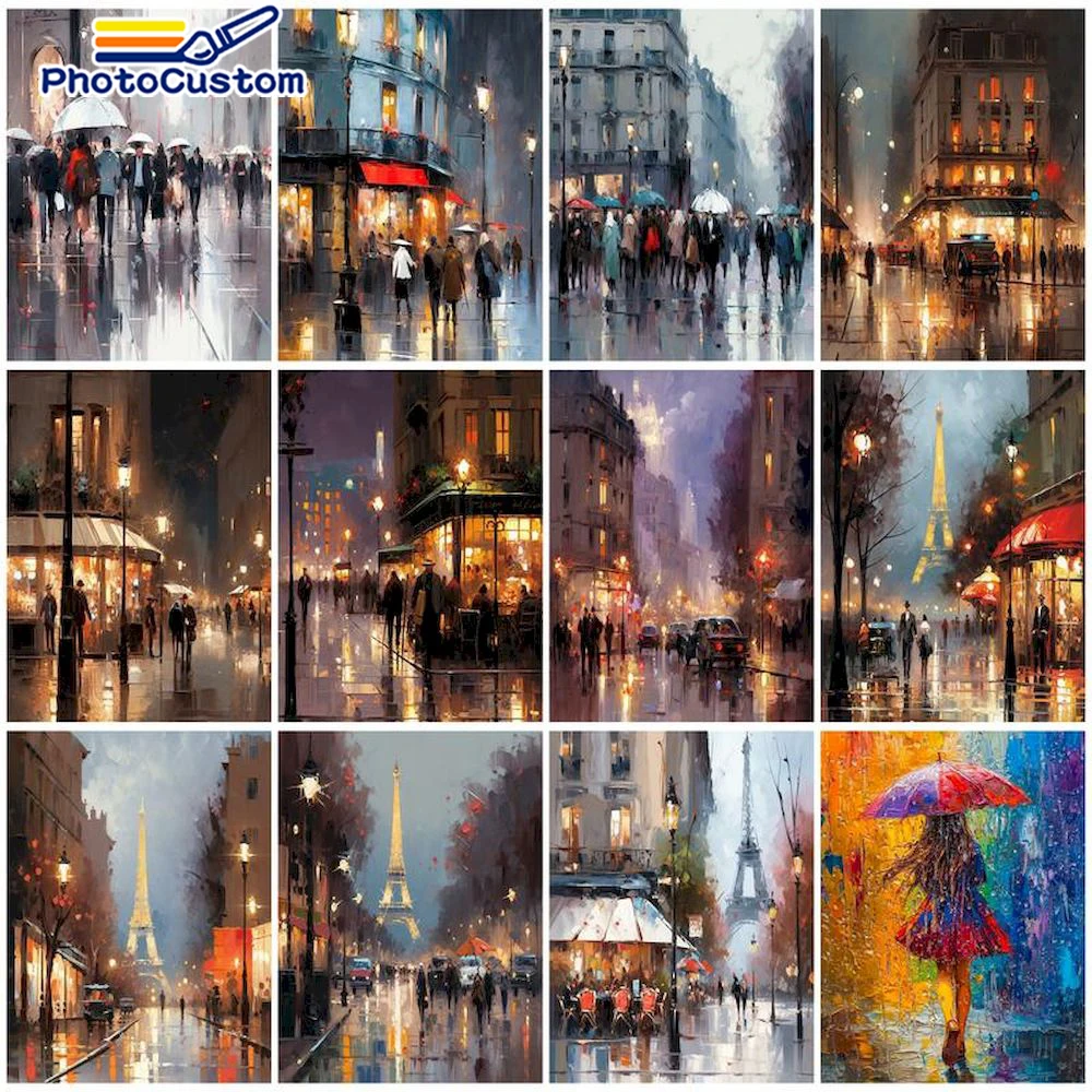 

PhotoCustom Complete Kit Oil Paint By Numbers DIY Oil Painting By Numbers On Canvas Abstract Rainy Day Street Hand Painting Deco